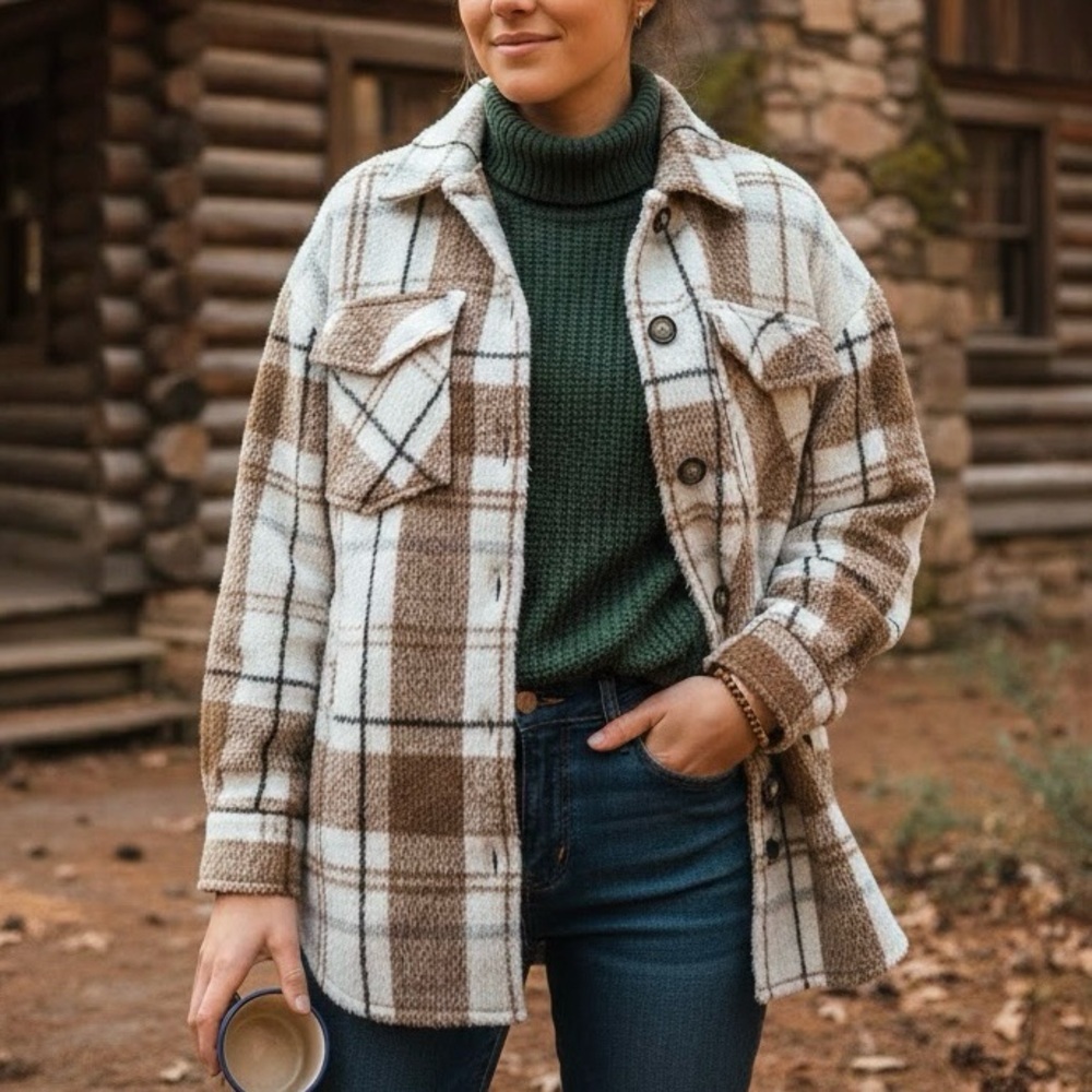 Vero Moda Brown and Cream Plaid Utility Shacket